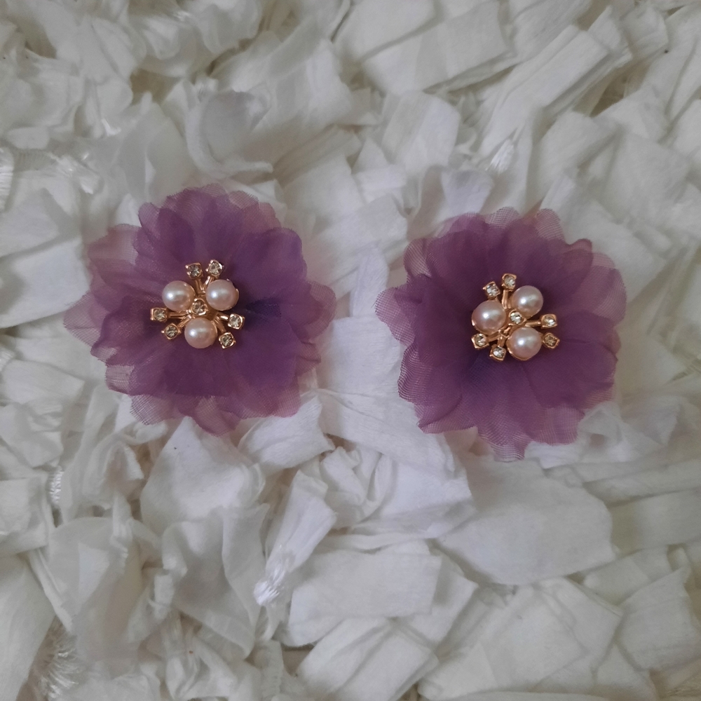 Tulle & Jewel Purple Floral Hair Bow Pair NWOT Set Flower Bows - Picture 2 of 4